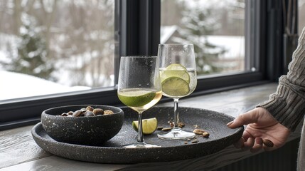 Poster -   A person carrying a tray with a wine glass and nut bowl near a window