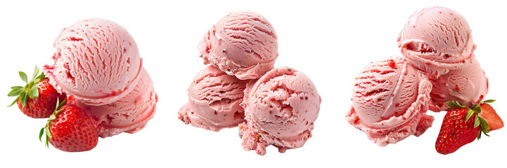 Set of A close-up shot of a scoop of creamy strawberry ice cream melting slightly on a pristine isolated on tranparent background