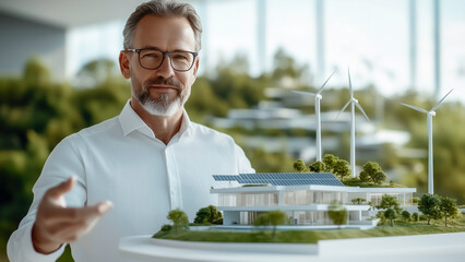 Real estate investor man presenting innovative property project model using renewable energy such as wind turbines, solar panels and green space, Eco-friendly trend.