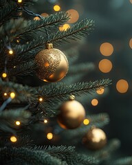 Aufkleber - Festive Christmas Tree Decorated With Ornaments Against a Magical Bokeh Background of Twinkling Lights