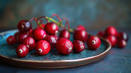 Sticker -   Close-up plate cherries, table background other cherries