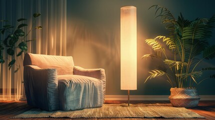 Poster - A tranquil living space with a plush velvet armchair, a tall, elegant floor lamp casting a soft glow, and a large fern beside it, all set on a soft, woven mat in a room with soothing, muted colors.