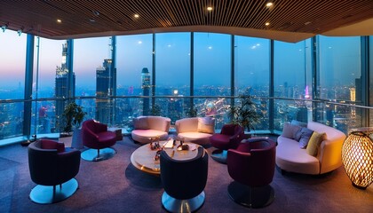 Business building lounge with night view, high-end restaurant, and high-class bar