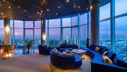 Business building lounge with night view, high-end restaurant, and high-class bar