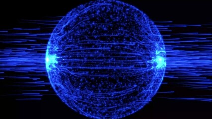 Aufkleber - Abstract Globe Grid. Science and Technology Vector Illustration. Abstract blue sphere on black background. Wireframe circle structure with glowing particles and lines.