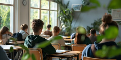 Sticker - Classroom Focus: A tranquil scene of students attentively listening to their teacher, framed by lush greenery and a bright window, conveying a sense of quiet learning and academic growth.