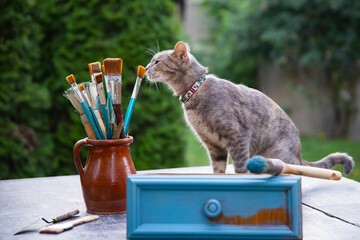 Wall Mural - Cat and paint brushes. Concept of design and repair