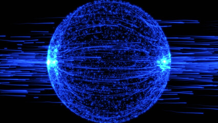 Aufkleber - Abstract Globe Grid. Science and Technology Vector Illustration. Abstract blue sphere on black background. Wireframe circle structure with glowing particles and lines.