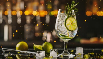 Wall Mural - Gin tonic alcoholic cocktail drink with dry gin, rosemary, tonic, lime and ice cubes in wine glass. Black bar counter background, bar tools, copy space