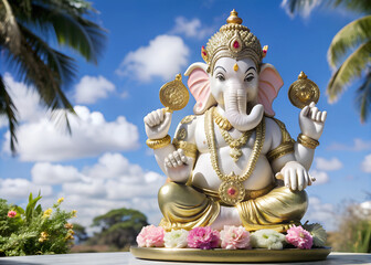 Ganesh Chaturthi, a beautiful statue of the god Ganesha at blue sky, Ganesh Chaturthi Celebration, lord ganesha festival