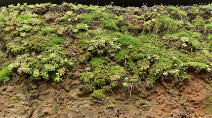 Sticker -   A close-up of a mossy rock wall featuring small plants growing on both sides