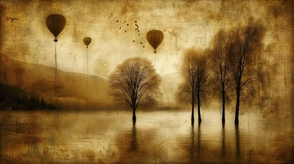 Poster -   Three Hot Air Balloons Float Over Water with Trees in Foreground