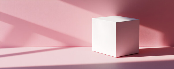 Poster - White cube on a pink background with shadows, minimalistic design concept