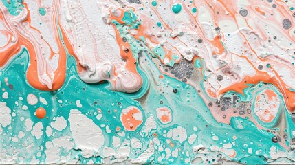 Wall Mural -   Orange, blue, and white paint on a white canvas with water droplets and bubbles