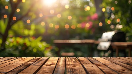 Wall Mural - Summer time in backyard garden with grill BBQ wooden table blurred background