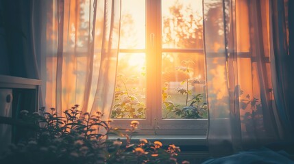 Wall Mural - Sunrise through transparent curtains of a window in the morning