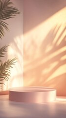 Poster - Round podium with palm leaves shadows under soft light
