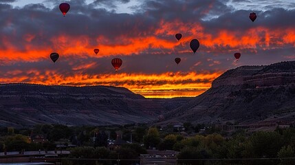 Canvas Print -   Hot air balloons soar over sunset mountains