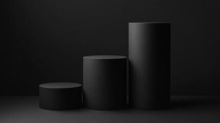 Poster - Black cylindrical podiums against dark background, minimalist and modern design concept