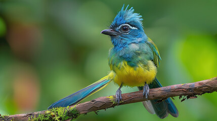 Sticker -   A blue bird perched on a moss-covered tree branch, with its yellow feathers shining in the sun