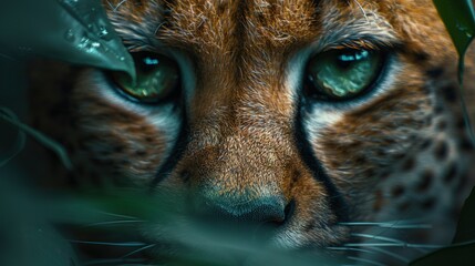 Wall Mural -   A close-up of a cheetah's face with green eyes and a bush in the foreground