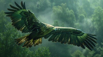 Poster -   A majestic green avian soars above a verdant forest landscape, where lush grass and towering trees blend in the hazy atmosphere