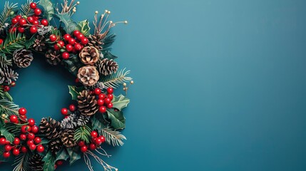 Wall Mural - Elegant Christmas wreath with synthetic and natural elements on blue background Photo with blank space