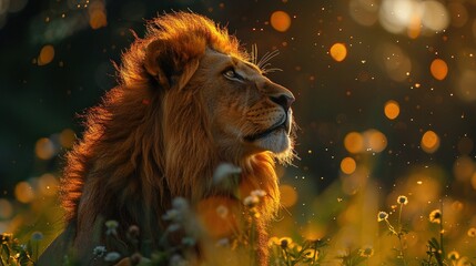 Poster -   A lion laying in a field of grass with water droplets on its face