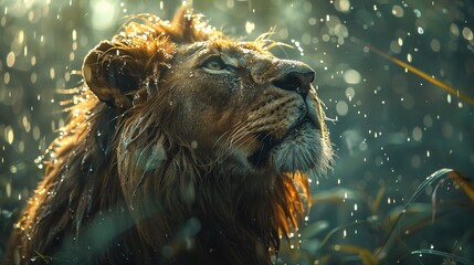 Poster -   A macro shot of a lion's face with wet fur and a hazy surroundings