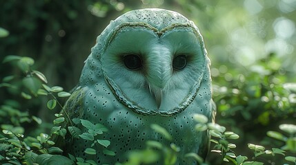 Poster -  Lush green tree filled with leafy plants, featuring a majestic green owl perched on top