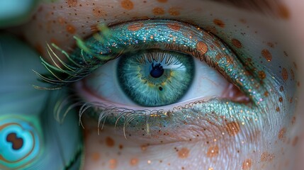 Poster -   A close-up of someone's eye, adorned with blue and green eyeshades and sparkling glitters