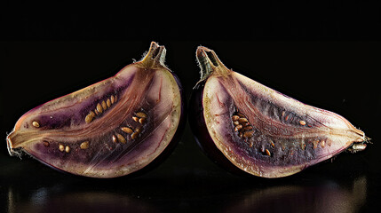 Wall Mural -   A few pieces of fruit resting on a black table alongside each other on top of another table