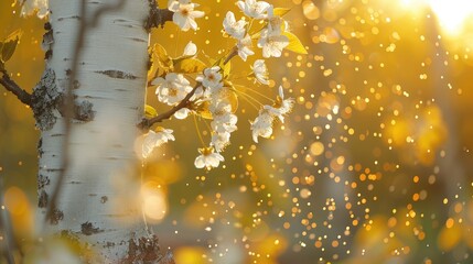 Wall Mural - Birch tree blooms with pollen in spring for a pollen allergy season pharma banner