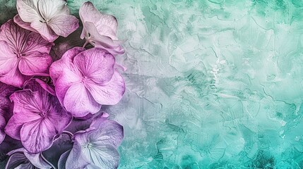 Sticker -   A cluster of vibrant purple blooms resting atop an azure and verdant backdrop, featuring a prominent pink floral centerpiece in the photograph