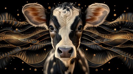 Wall Mural -   A close-up of a cow's face against a black background with gold swirls in the foreground