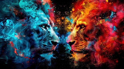 Wall Mural -   Lions confronting each other in a vibrant scene with painted fur and faces