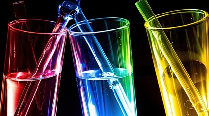   A photo of three various-colored glasses, each containing a toothbrush at the base and one in the center