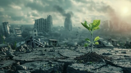 Plant growing on destroyed city background 