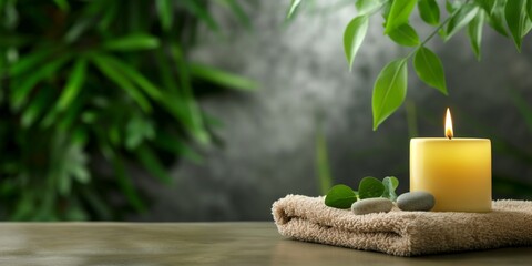 Tranquil Spa Retreat: A flickering candle casts a warm glow on a spa setting, inviting relaxation and serenity. Soft towels, smooth stones, and lush greenery create a tranquil oasis for rejuvenation. 