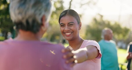 Poster - Park, physical therapy and support with senior people, exercise and caregiver outdoor. Personal trainer, help and fitness for health and wellness in nursing home garden with care and mobility