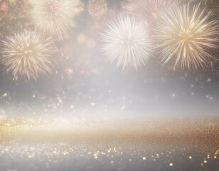 Sparkling Gold and Silver Glitter Background with Festive Fireworks for Christmas Eve and th of July Holidays