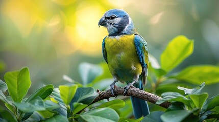   A bird perched atop a tree branch with blue and yellow feathers in front of a green leafy background