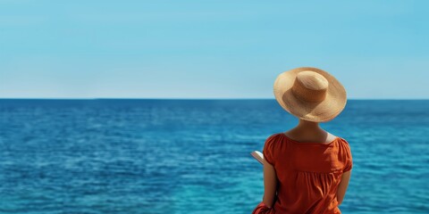 Tranquility by the Sea: A solitary figure in a sun-kissed red dress and straw hat gazes out at the vast expanse of the ocean, the blue horizon stretching towards the sun,  evoking a sense of peace and