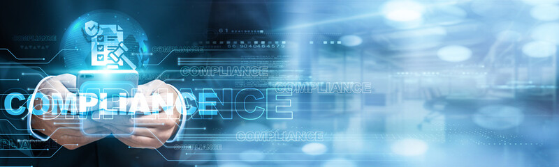 Poster - compliance officer using mobile smartphone and compliance icon network connection to monitor data wi