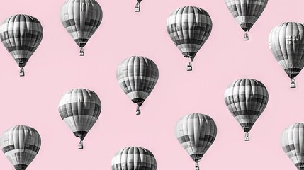 Wall Mural -   Black and white hot air balloons on pink background with black and white checkerboard pattern at the base