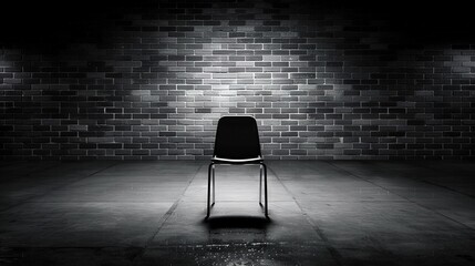 Poster -   A monochrome image of a chair against a brick wall with a highlight behind it