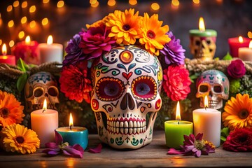 Wall Mural - Dia de los muertos mexican day of the dead table composition with skull,candles,flowers
