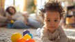 © Iuliia Metkalova - Adorable Multiracial Baby Crawling on Carpet with Colorful Balls, a parent relaxing on the sofa - Cozy Family Living Room Background. Generative ai
