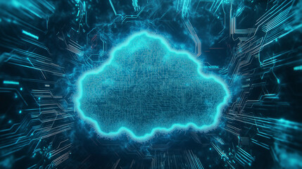 Wall Mural - A digital representation of a cloud, set against a backdrop of intricate circuitry and digital elements. The cloud is illuminated in a bright blue hue, contrasting with the darker