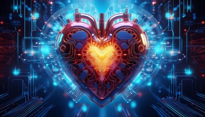 Wall Mural - 3D rendering of a heart surrounded by neon circuitry, symbolizing advanced medical technology.
